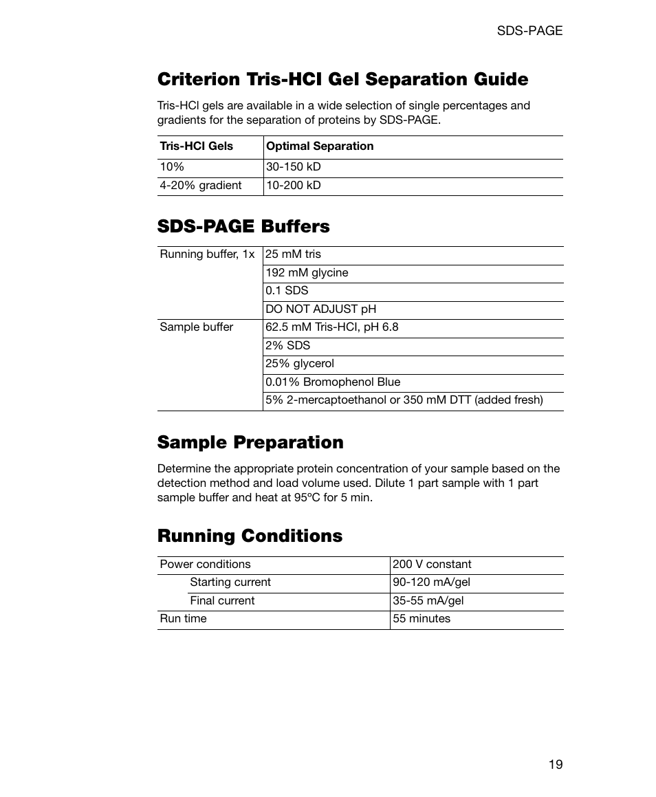 Criterion tris-hci gel separation guide, Sample preparation, Running conditions | Sds-page buffers sample preparation | Bio-Rad Gel Doc™ EZ System User Manual | Page 33 / 96