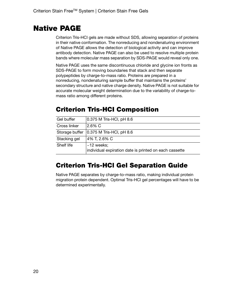 Criterion tris-hci composition, Criterion tris-hcl gel separation guide, Native page | Bio-Rad Gel Doc™ EZ System User Manual | Page 34 / 96