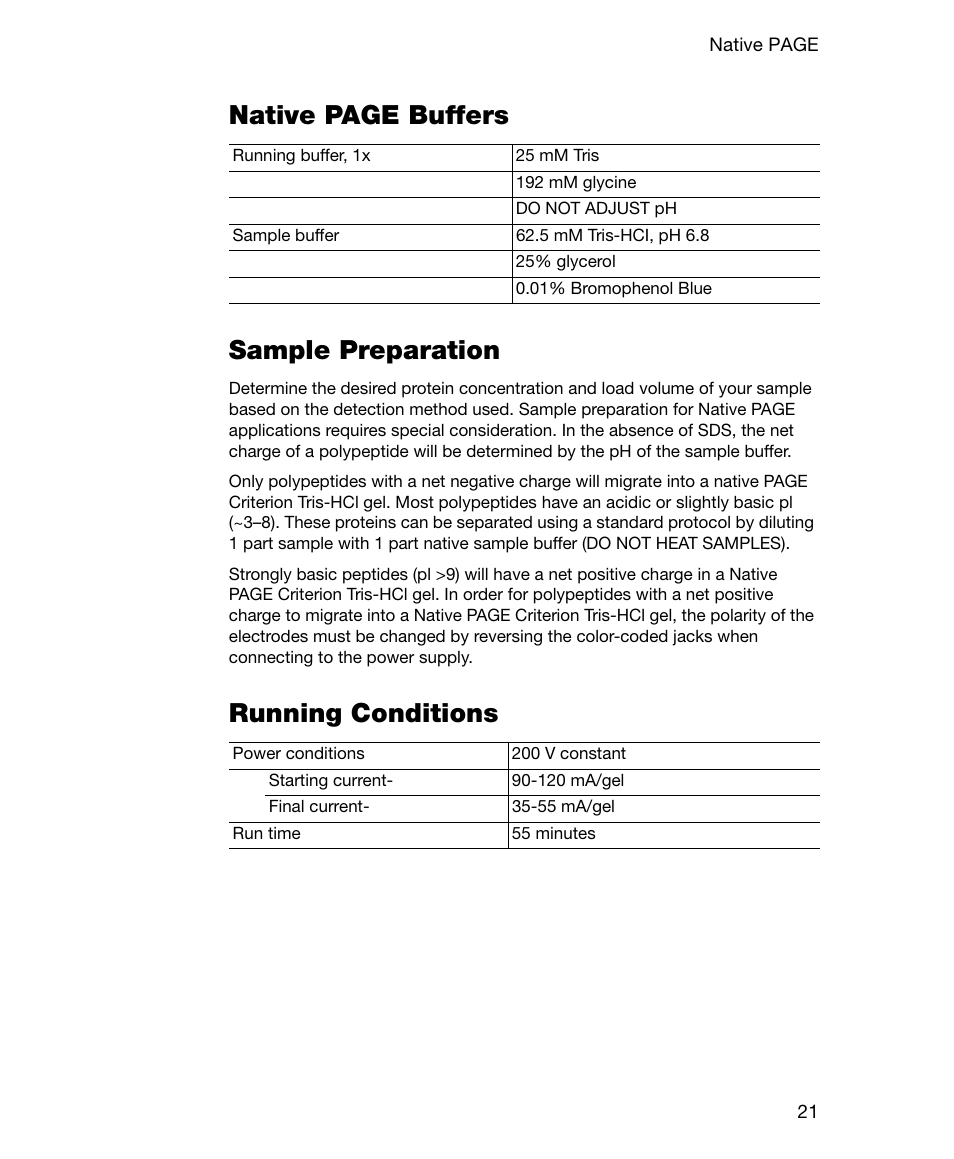 Sample preparation, Running conditions, Native page buffers sample preparation | Bio-Rad Gel Doc™ EZ System User Manual | Page 35 / 96