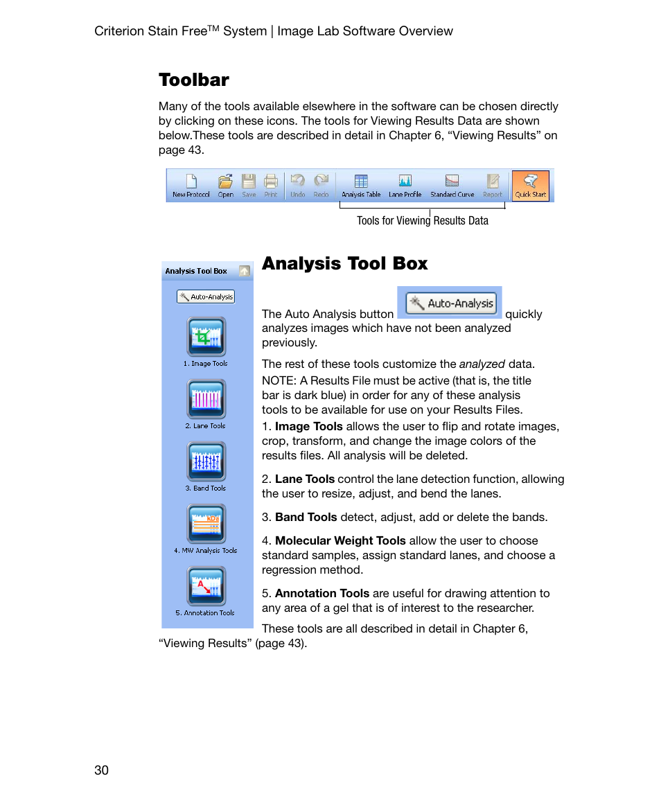 Toolbar, Analysis tool box, Toolbar analysis tool box | Bio-Rad Gel Doc™ EZ System User Manual | Page 44 / 96