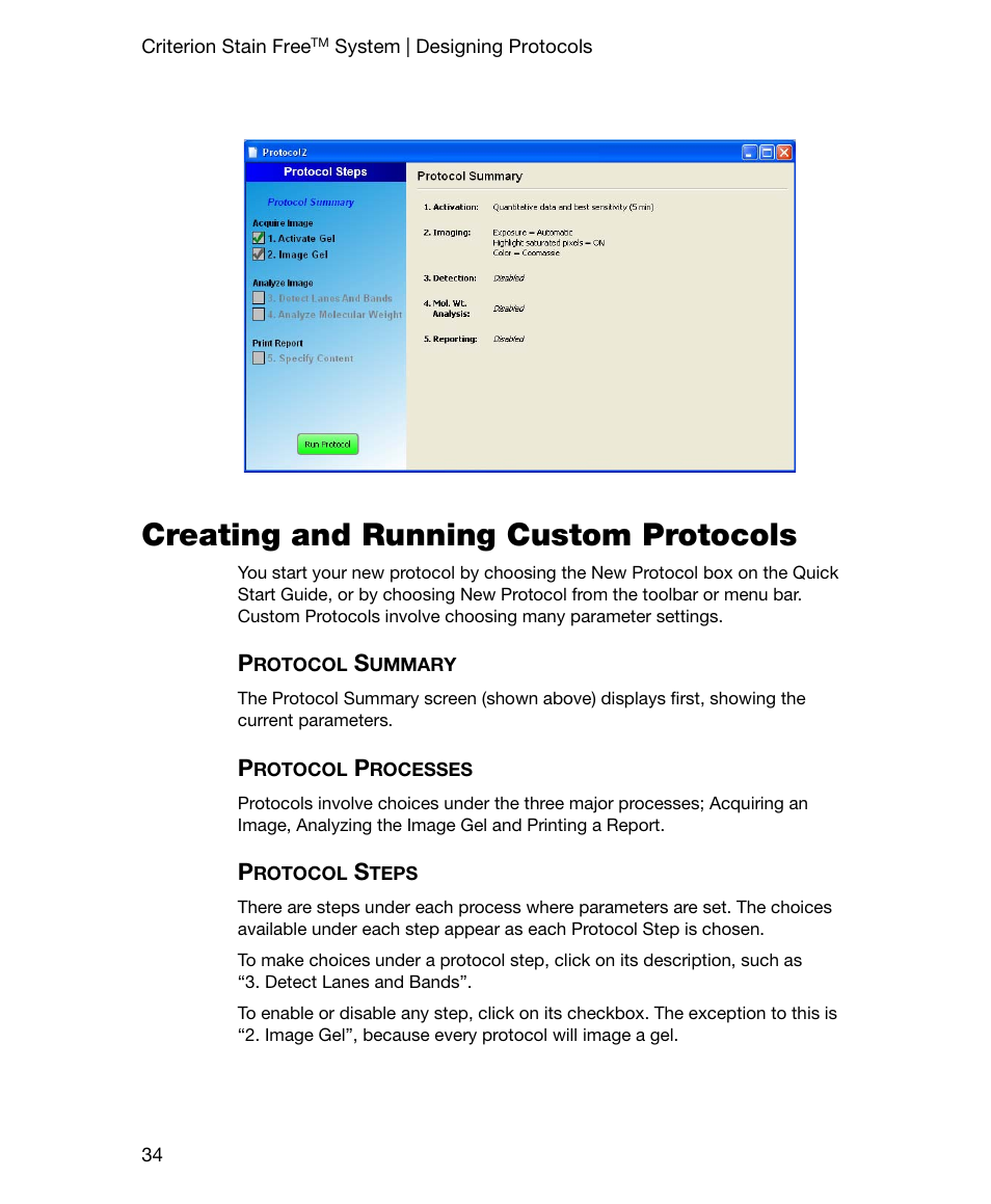 Creating and running custom protocols, Protocol summary, Protocol processes | Protocol steps, Protocol summary protocol processes protocol steps | Bio-Rad Gel Doc™ EZ System User Manual | Page 48 / 96