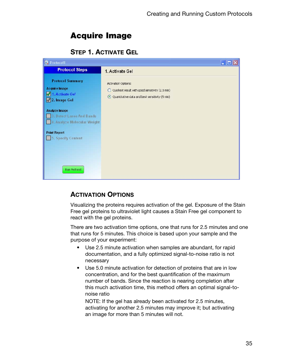 Acquire image, Step 1. activate gel, Activation options | Bio-Rad Gel Doc™ EZ System User Manual | Page 49 / 96