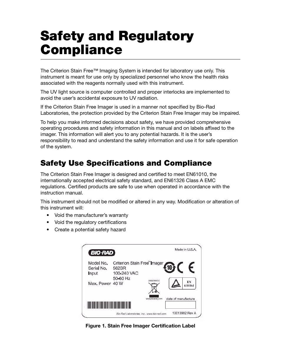 Safety and regulatory compliance, Safety use specifications and compliance | Bio-Rad Gel Doc™ EZ System User Manual | Page 5 / 96
