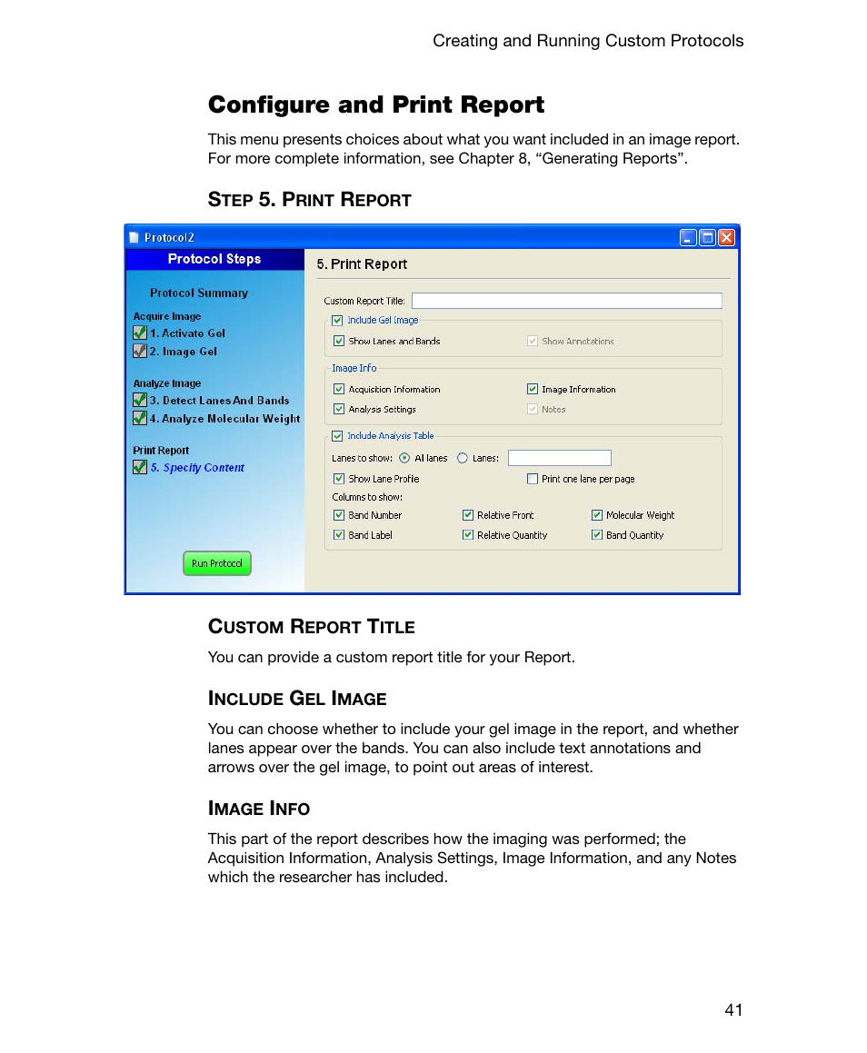 Configure and print report, Step 5. print report, Custom report title | Include gel image, Image info, Custom report title include gel image image info | Bio-Rad Gel Doc™ EZ System User Manual | Page 55 / 96