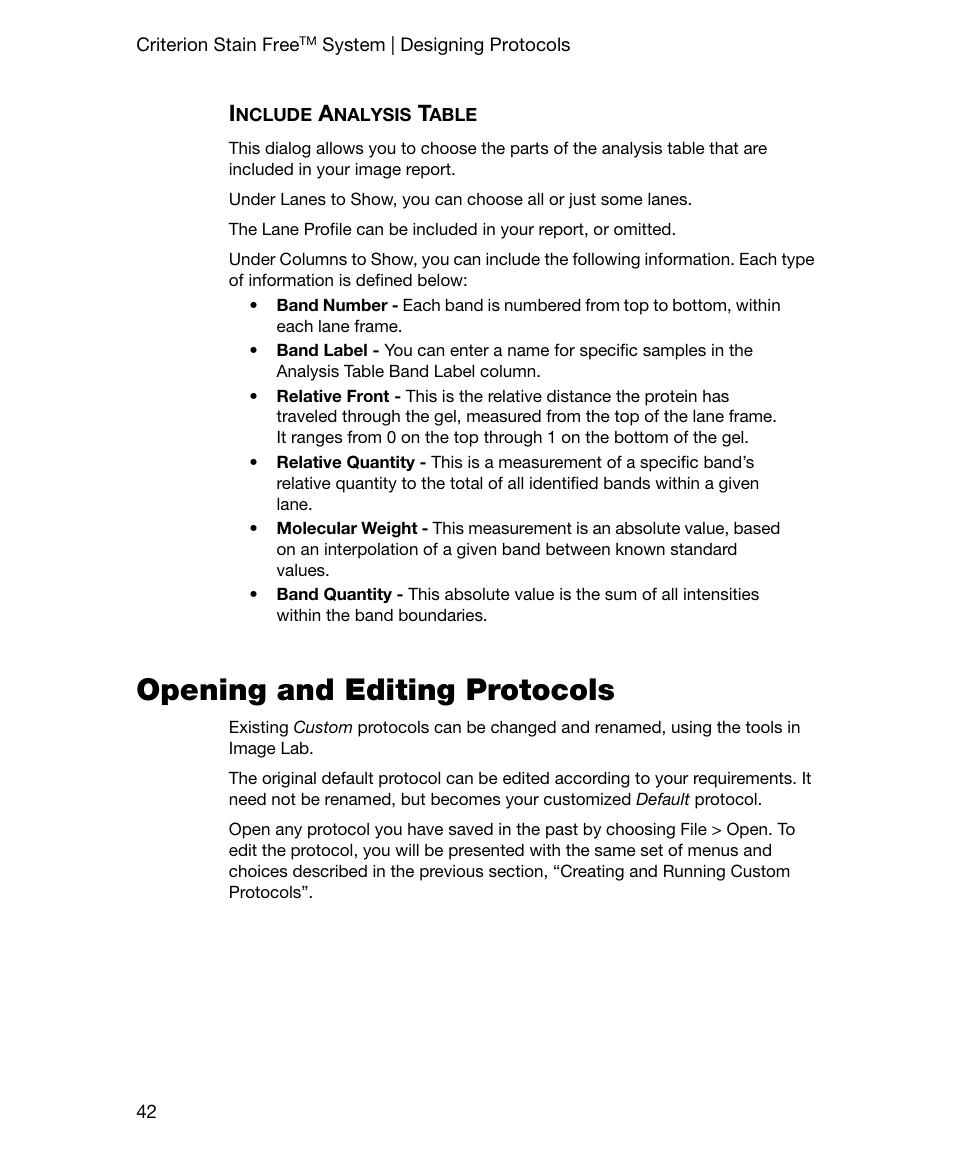 Include analysis table, Opening and editing protocols | Bio-Rad Gel Doc™ EZ System User Manual | Page 56 / 96
