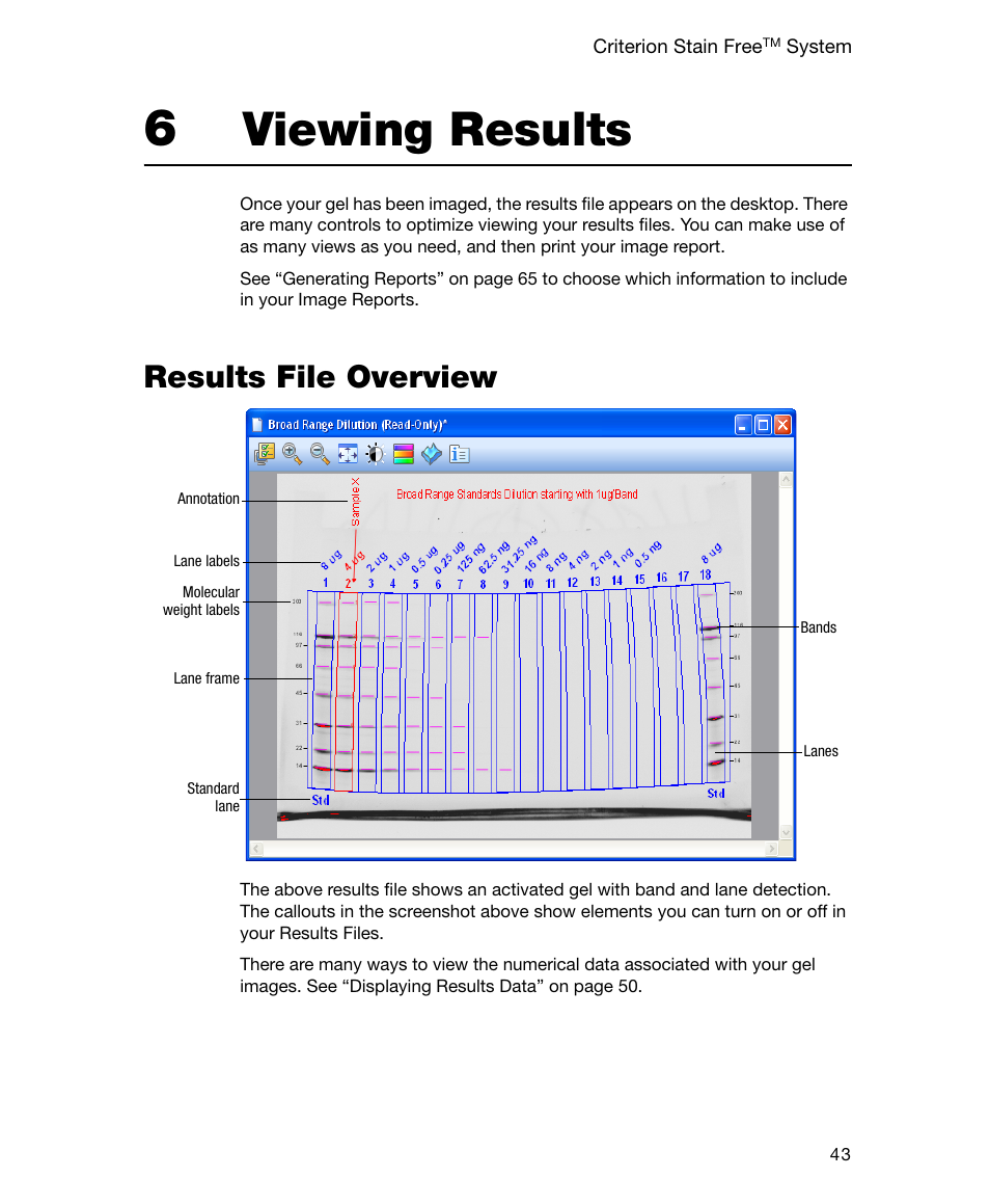 6 viewing results, Results file overview, Chapter 6. viewing results | Viewing results | Bio-Rad Gel Doc™ EZ System User Manual | Page 57 / 96