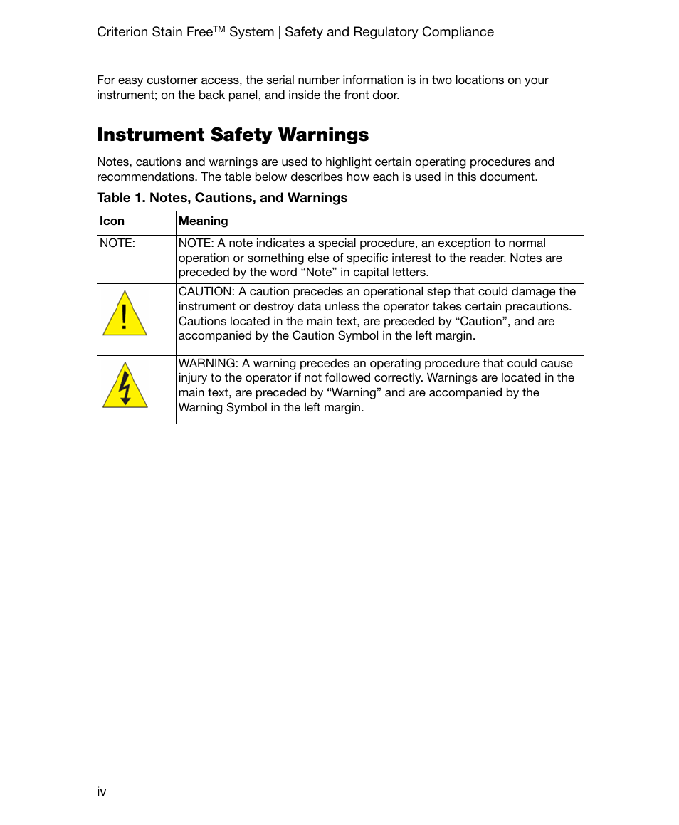 Instrument safety warnings | Bio-Rad Gel Doc™ EZ System User Manual | Page 6 / 96