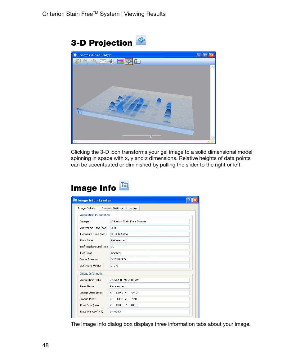 D projection, Image info, D projection image info | Bio-Rad Gel Doc™ EZ System User Manual | Page 62 / 96