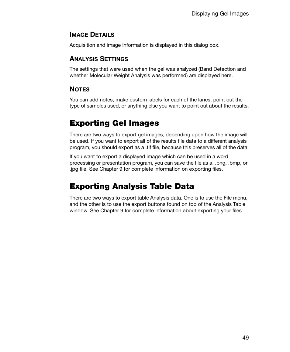 Image details, Analysis settings, Notes | Exporting gel images, Exporting analysis table data, Image details analysis settings notes, Exporting gel images exporting analysis table data | Bio-Rad Gel Doc™ EZ System User Manual | Page 63 / 96