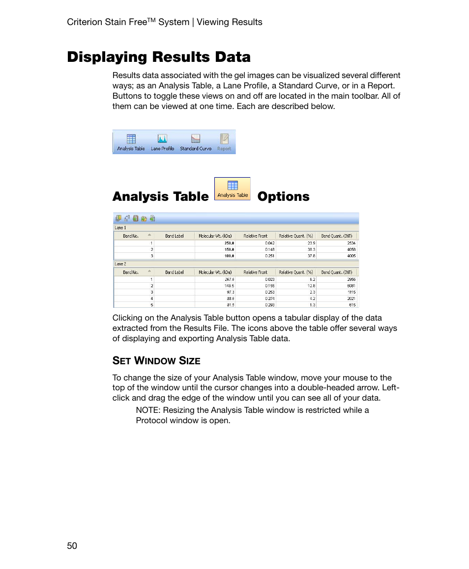 Displaying results data, Analysis table options, Set window size | Bio-Rad Gel Doc™ EZ System User Manual | Page 64 / 96