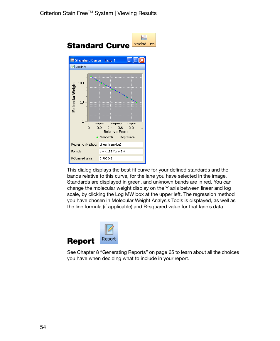 Standard curve, Report | Bio-Rad Gel Doc™ EZ System User Manual | Page 68 / 96