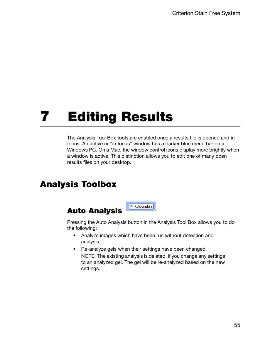 7 editing results, Analysis toolbox, Auto analysis | Chapter 7. editing results, Editing results | Bio-Rad Gel Doc™ EZ System User Manual | Page 69 / 96
