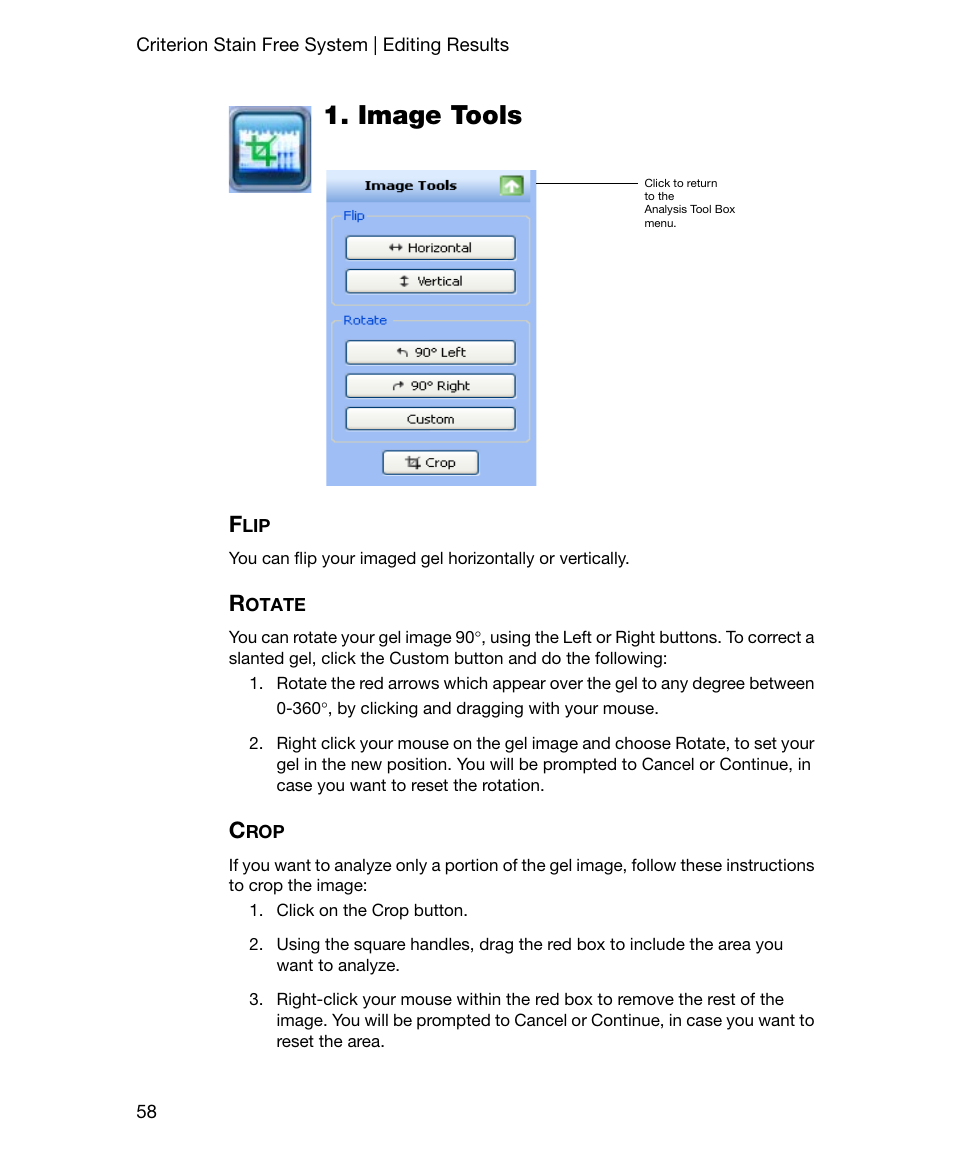Image tools, Flip, Rotate | Crop, Flip rotate crop | Bio-Rad Gel Doc™ EZ System User Manual | Page 72 / 96