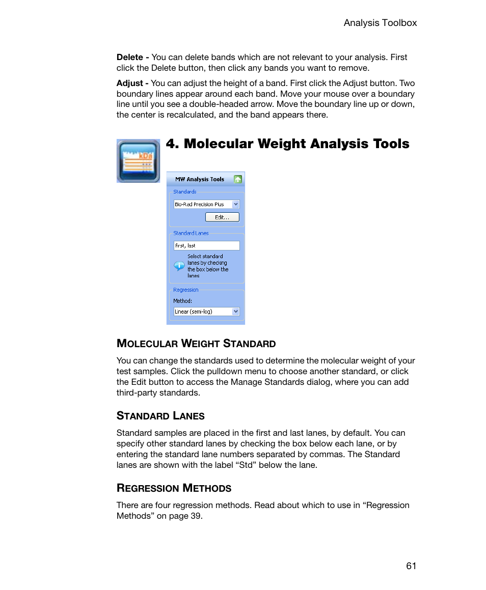 Molecular weight analysis tools, Molecular weight standard, Standard lanes | Regression methods | Bio-Rad Gel Doc™ EZ System User Manual | Page 75 / 96