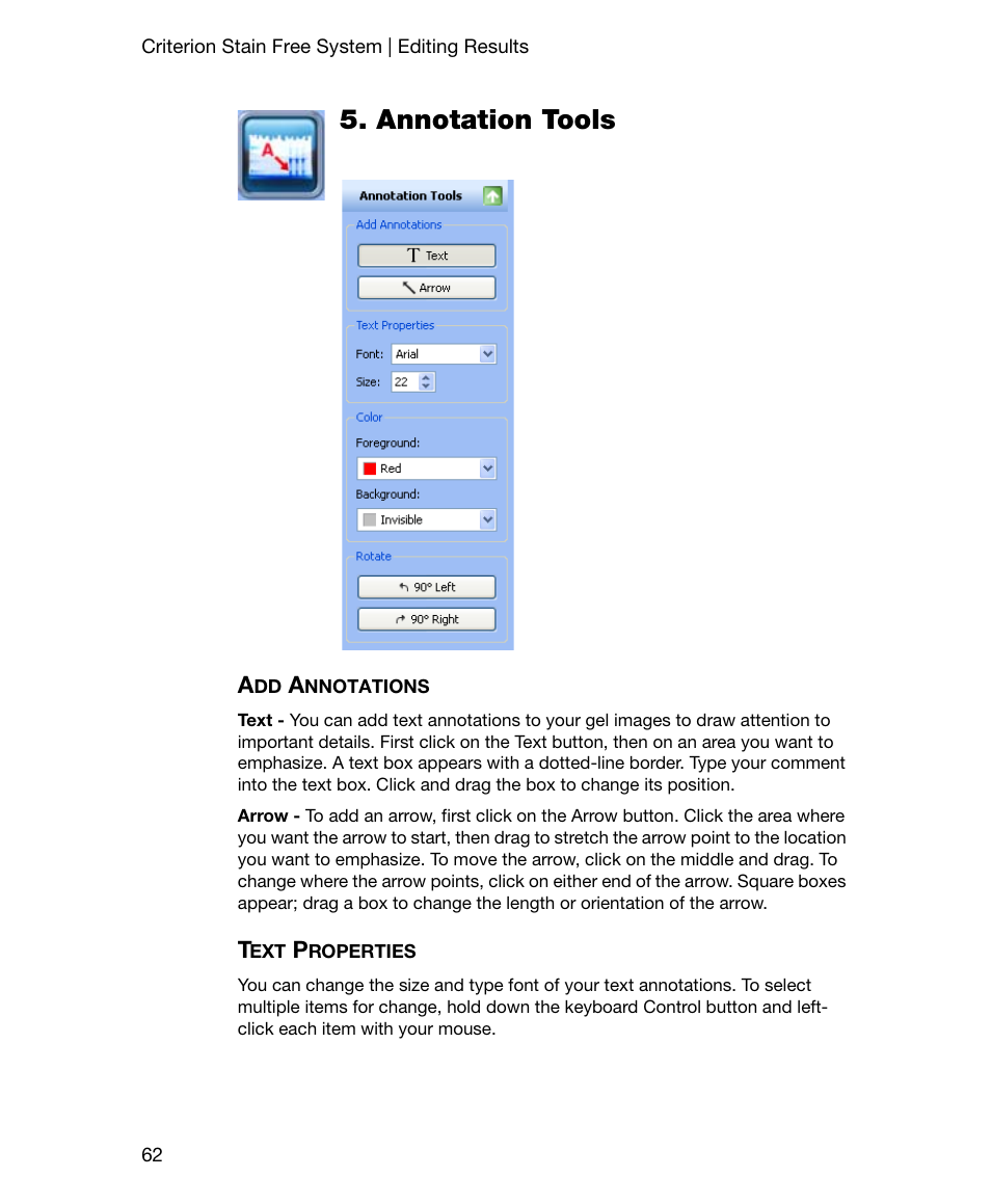 Annotation tools, Add annotations, Text properties | Add annotations text properties | Bio-Rad Gel Doc™ EZ System User Manual | Page 76 / 96