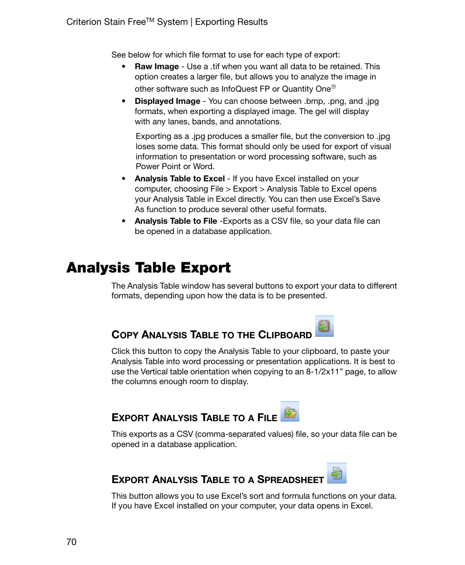 Analysis table export, Copy analysis table to the clipboard, Export analysis table to a file | Export analysis table to a spreadsheet | Bio-Rad Gel Doc™ EZ System User Manual | Page 84 / 96