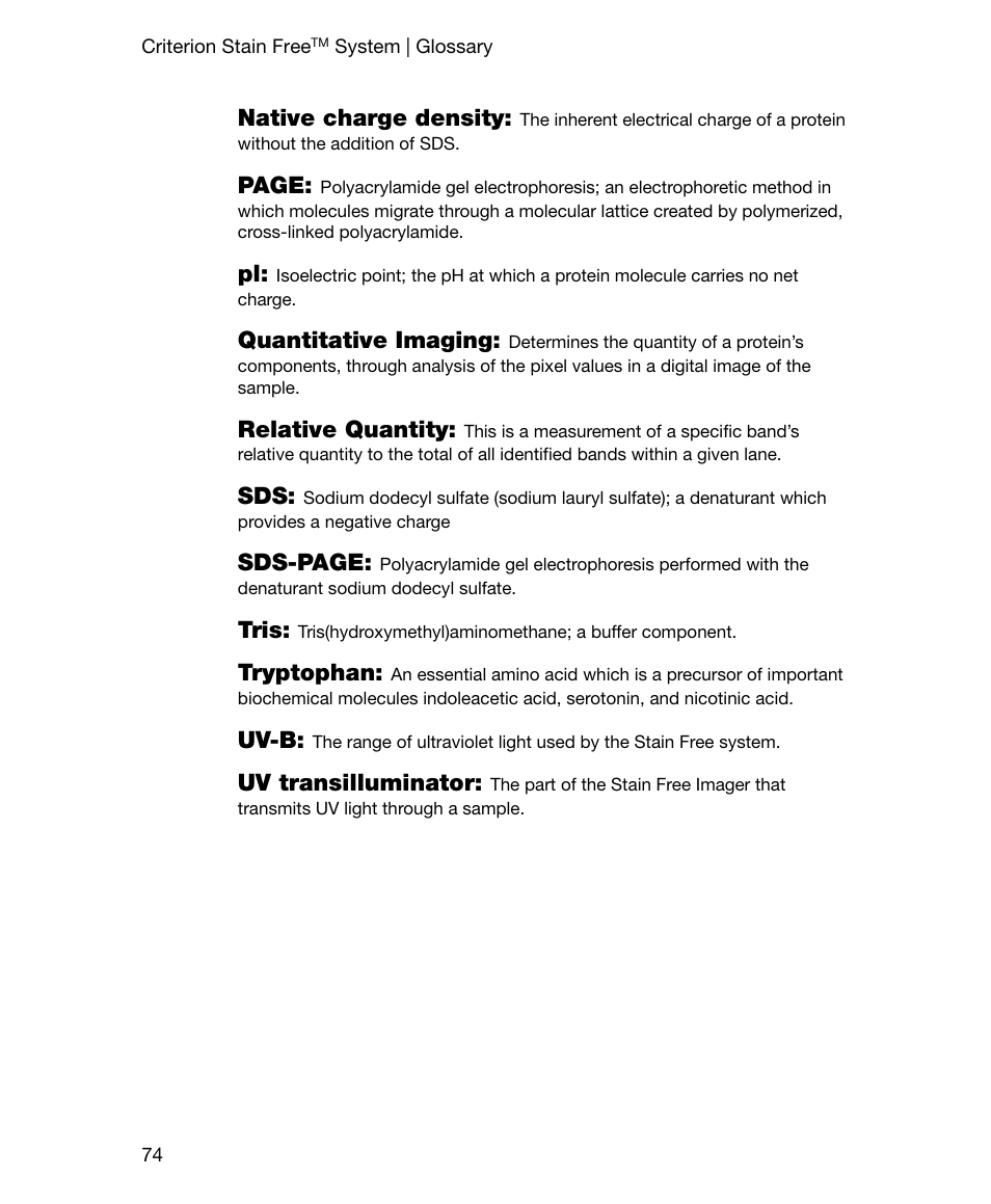 Native charge density, Page, Quantitative imaging | Relative quantity, Sds-page, Tris, Tryptophan, Uv-b, Uv transilluminator | Bio-Rad Gel Doc™ EZ System User Manual | Page 88 / 96