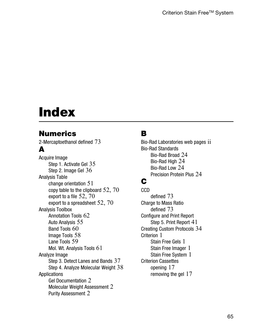 Index, Numerics | Bio-Rad Gel Doc™ EZ System User Manual | Page 91 / 96