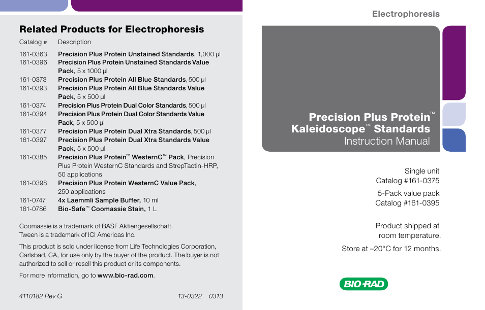 Bio-Rad Precision Plus Protein™ Prestained Standards User Manual | 3 pages