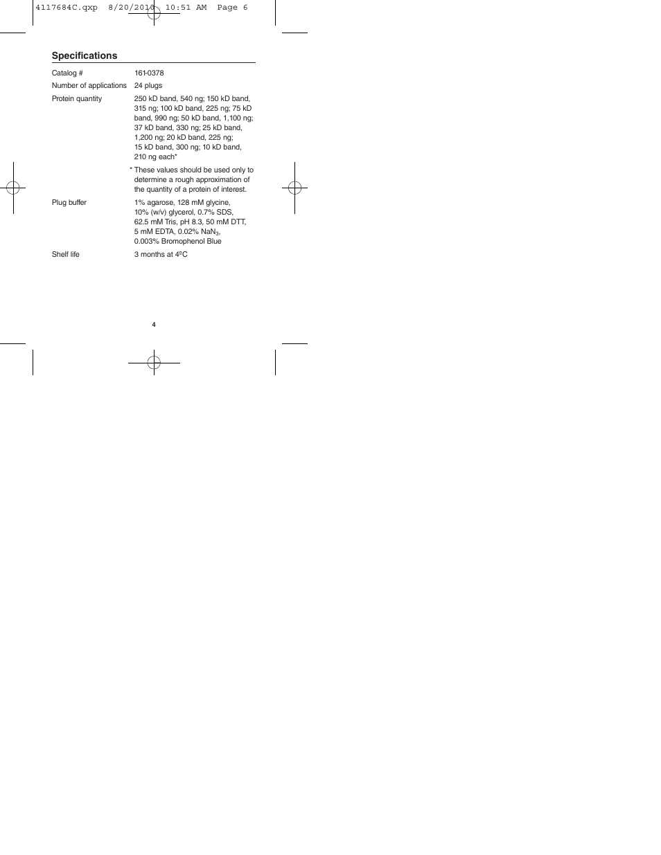 Specifications | Bio-Rad Precision Plus Protein™ Standard Plugs User Manual | Page 6 / 16