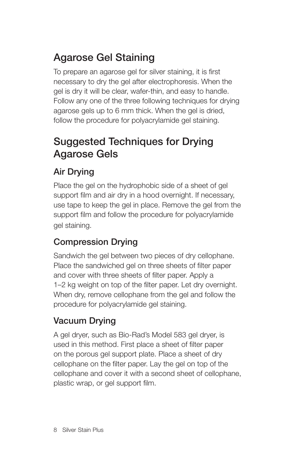 Agarose gel staining, Suggested techniques for drying agarose gels | Bio-Rad Silver Stain Plus Kit User Manual | Page 10 / 20