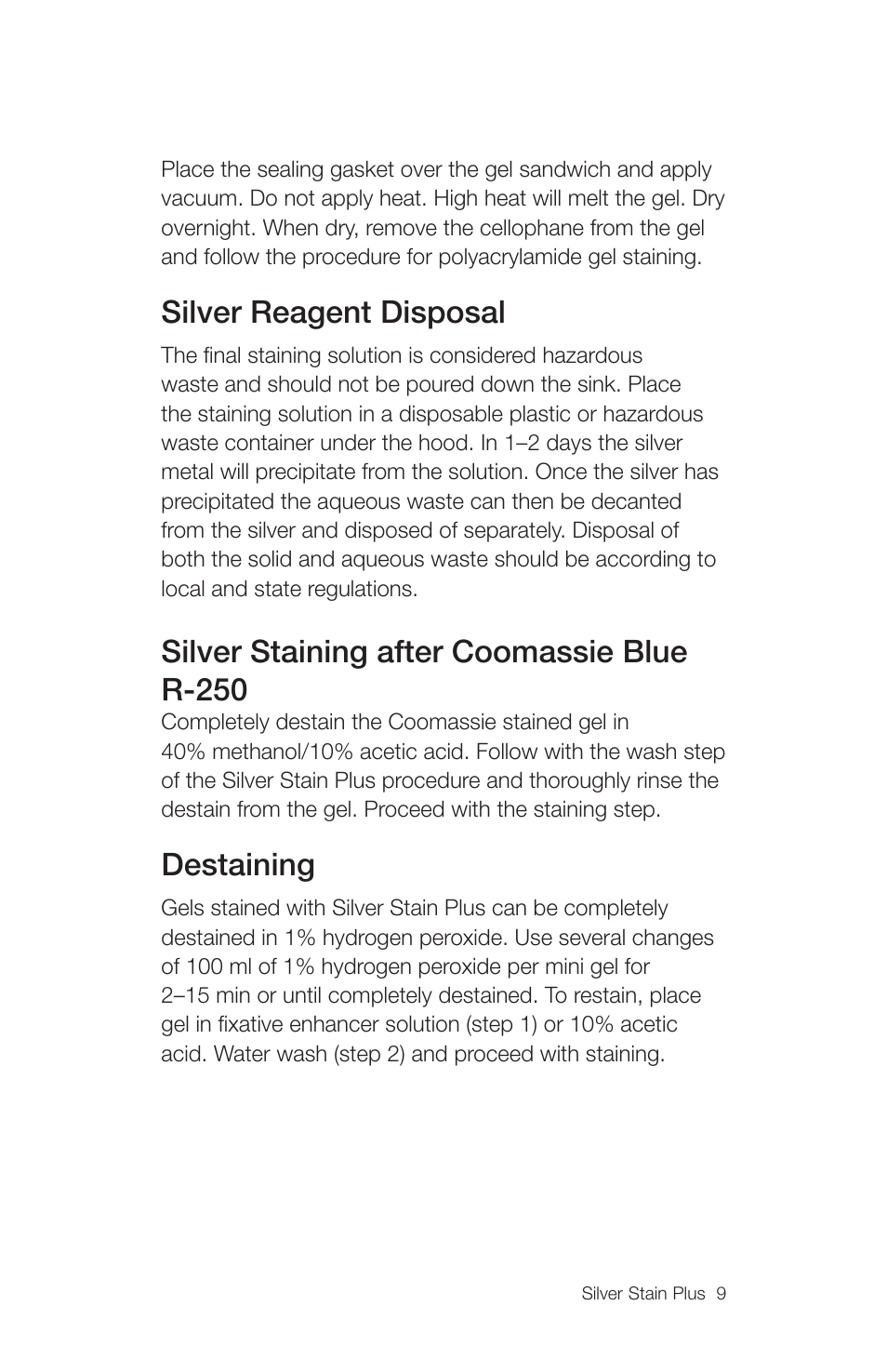 Silver reagent disposal, Silver staining after coomassie blue r-250, Destaining | Bio-Rad Silver Stain Plus Kit User Manual | Page 11 / 20