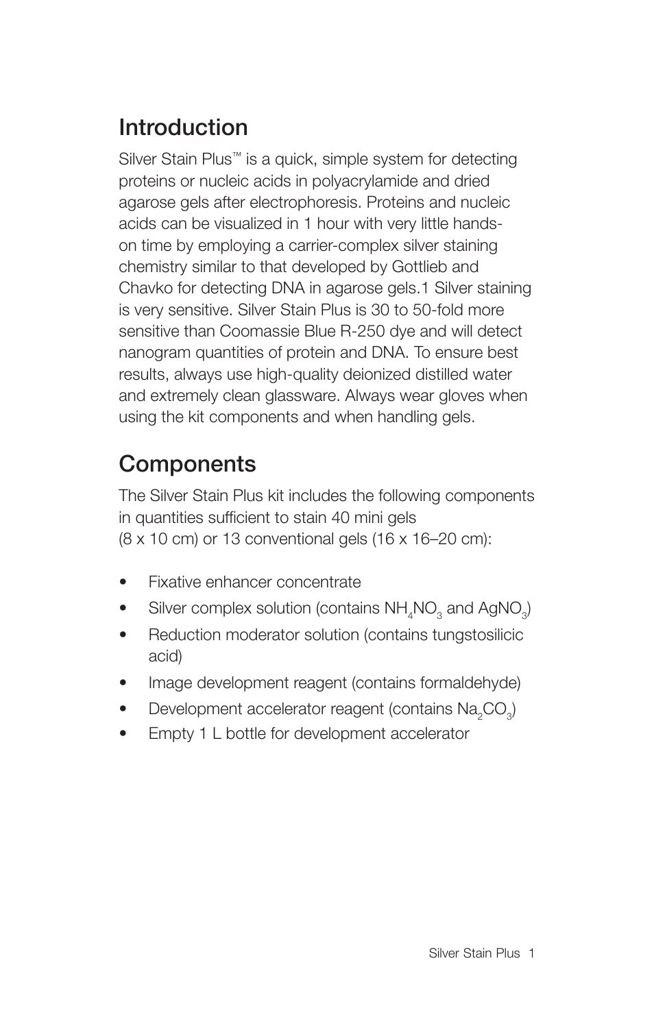 Introduction, Components | Bio-Rad Silver Stain Plus Kit User Manual | Page 3 / 20