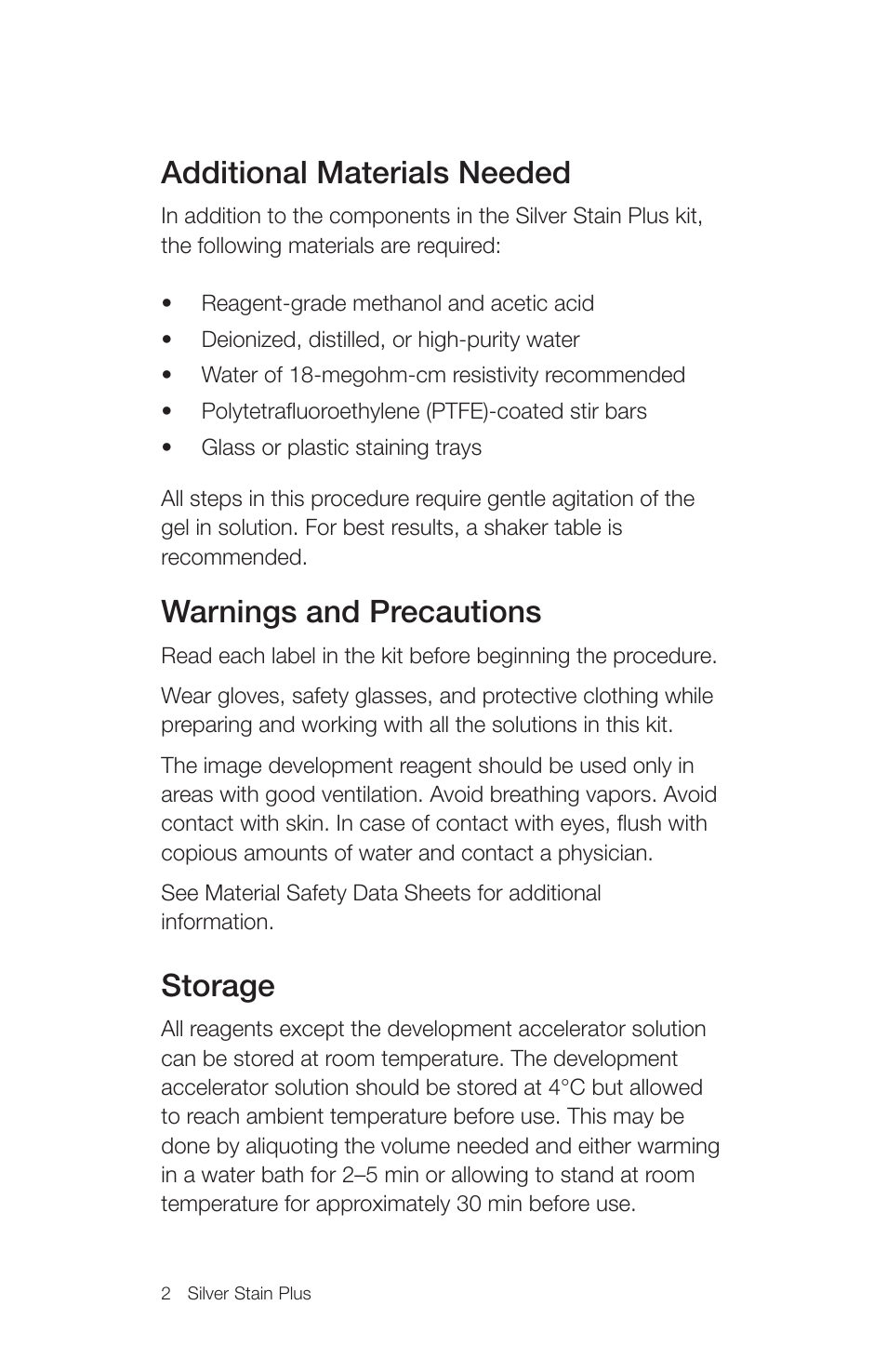 Additional materials needed, Warnings and precautions, Storage | Bio-Rad Silver Stain Plus Kit User Manual | Page 4 / 20