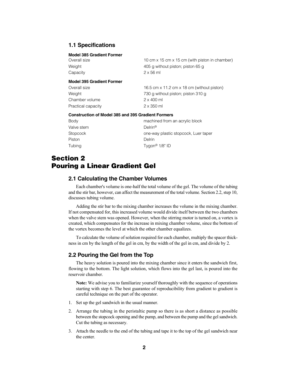 1 specifications, 1 calculating the chamber volumes, 2 pouring the gel from the top | Bio-Rad PROTEAN® Plus Hinged Spacer Plates and Combs User Manual | Page 4 / 21