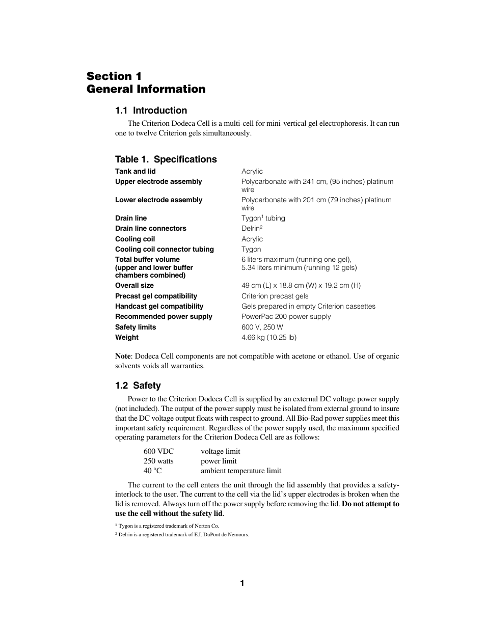 1 introduction, Table 1. specifications, 2 safety | Bio-Rad Criterion Dodeca Cell User Manual | Page 3 / 14