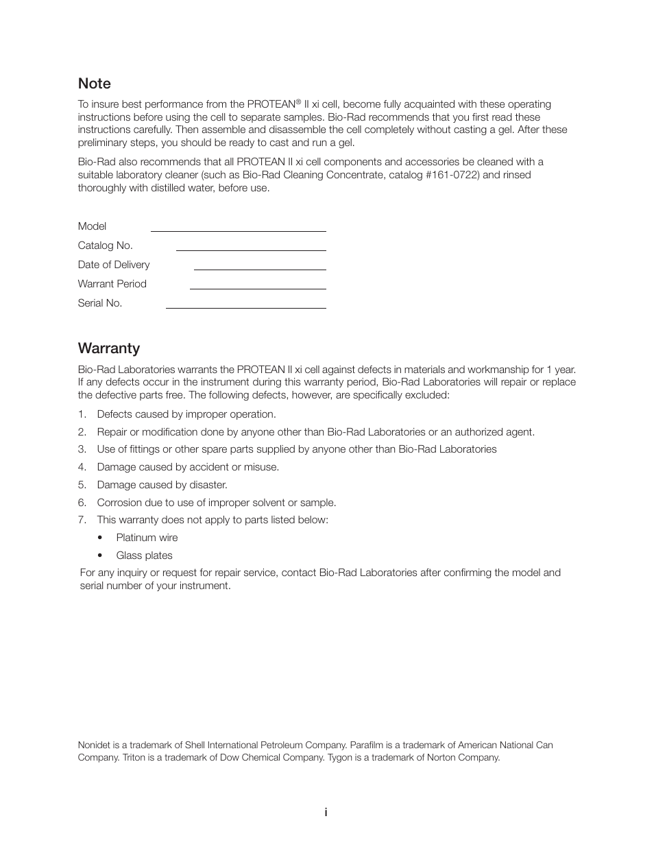 Warranty | Bio-Rad PROTEAN II XL Cell User Manual | Page 3 / 52