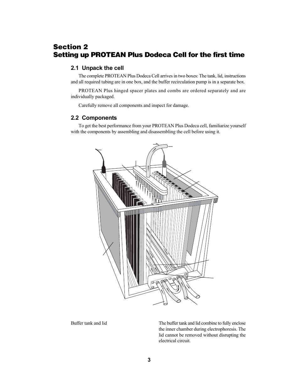 1 unpack the cell, 2 components | Bio-Rad PROTEAN Plus Dodeca Cell User Manual | Page 5 / 20