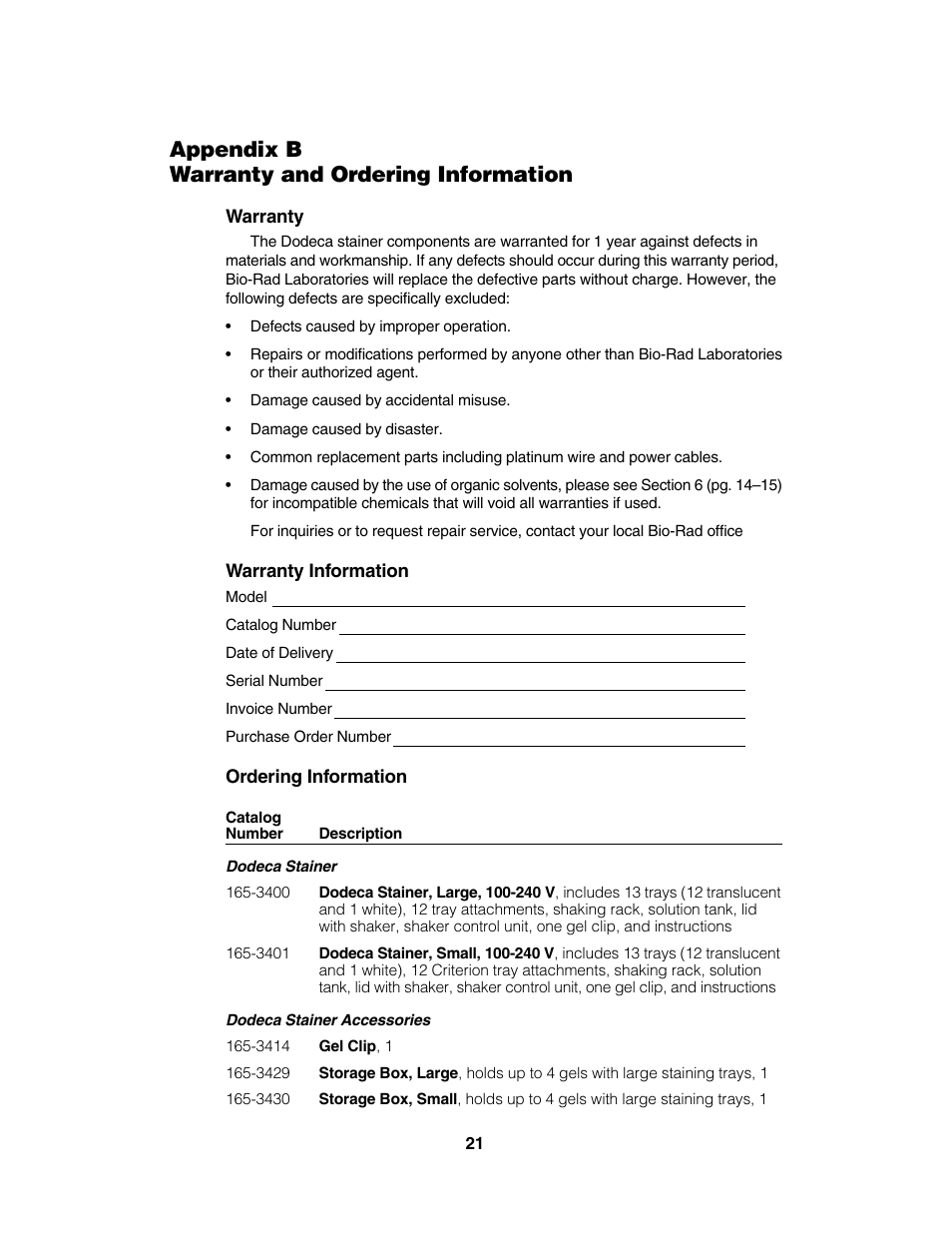 Appendix b warranty and ordering information | Bio-Rad High-Throughput Dodeca™ Gel Stainers User Manual | Page 24 / 26