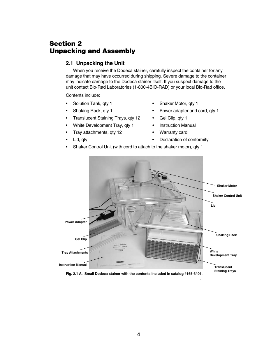 1 unpacking the unit | Bio-Rad High-Throughput Dodeca™ Gel Stainers User Manual | Page 7 / 26