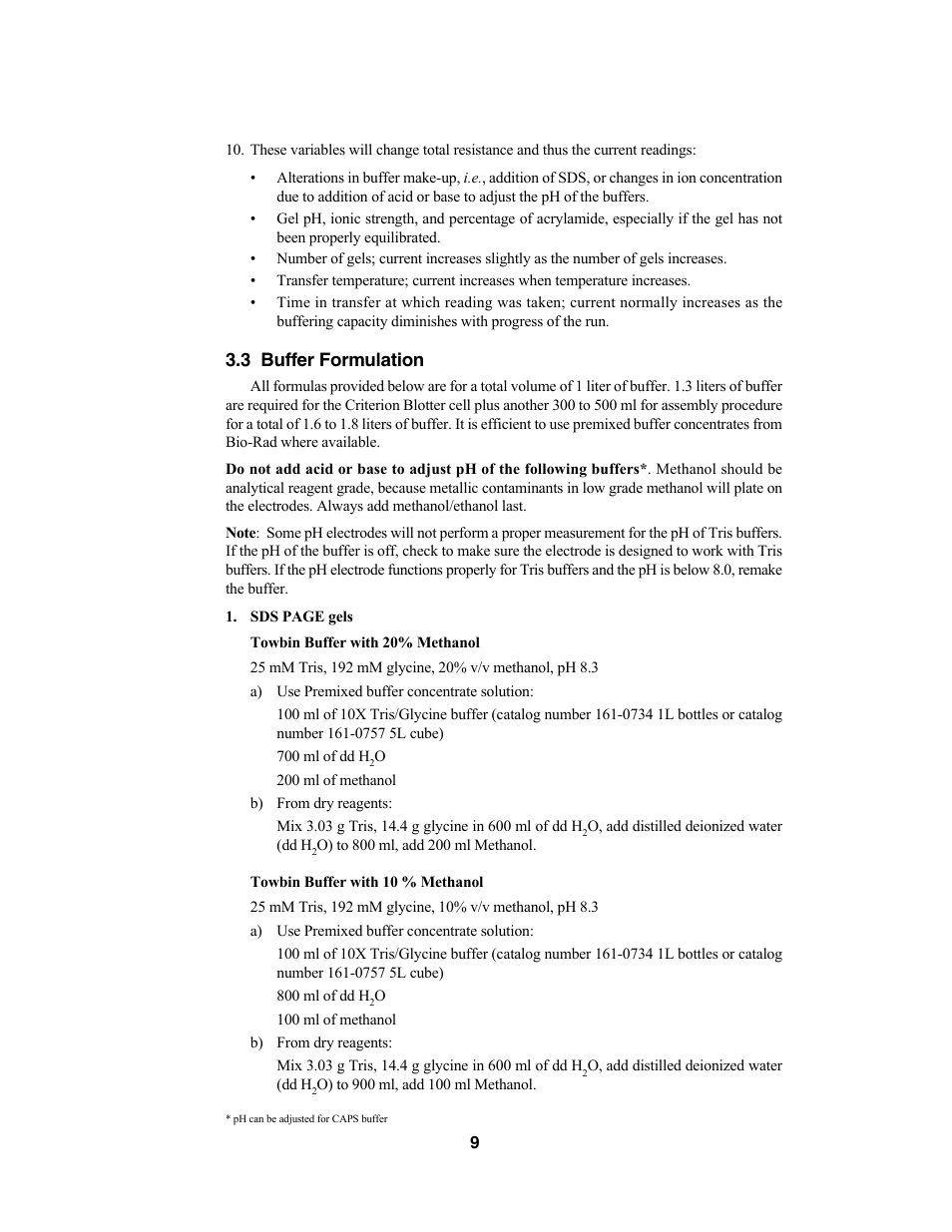 3 buffer formulation | Bio-Rad Criterion™ Blotter User Manual | Page 11 / 22