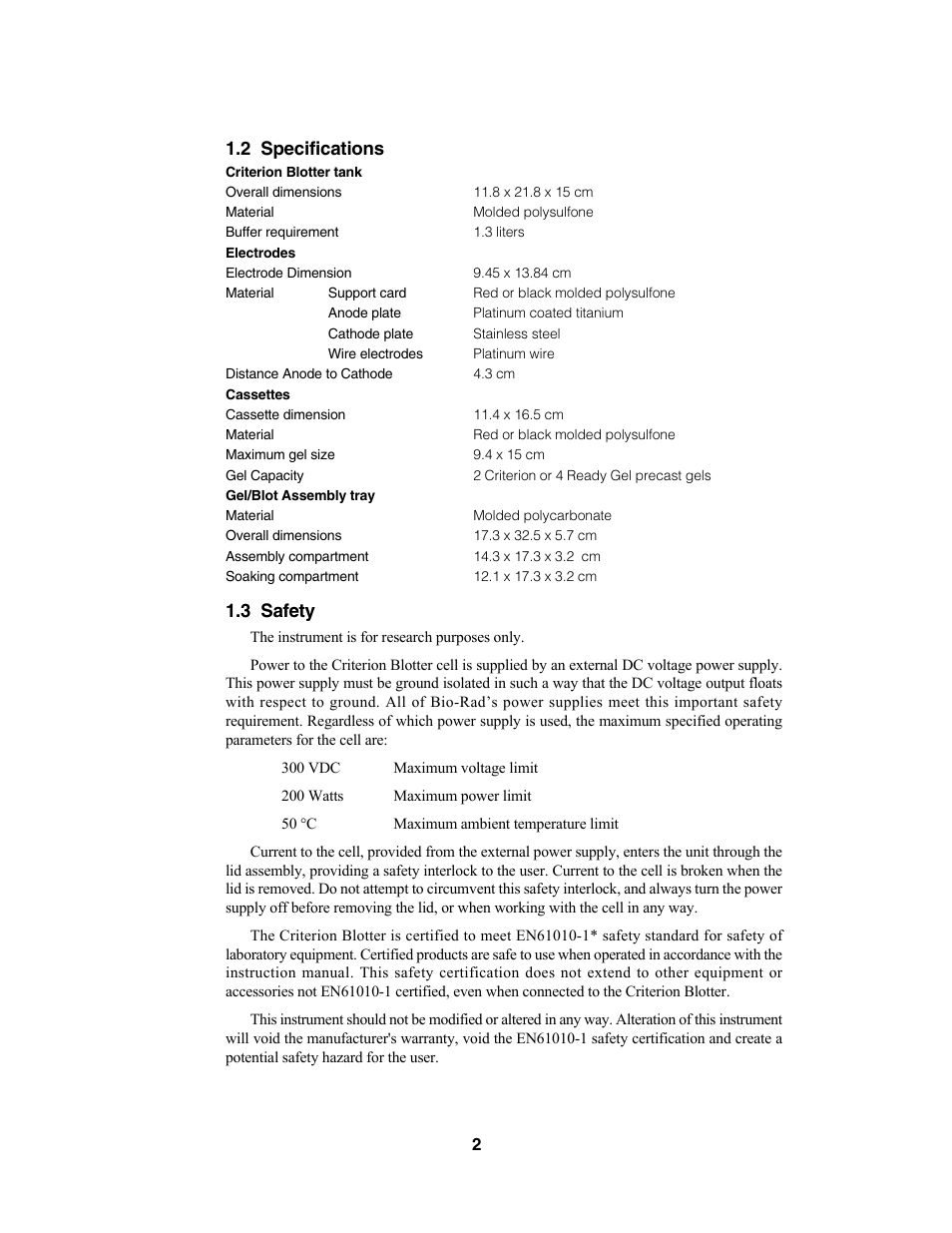 2 specifications, 3 safety | Bio-Rad Criterion™ Blotter User Manual | Page 4 / 22