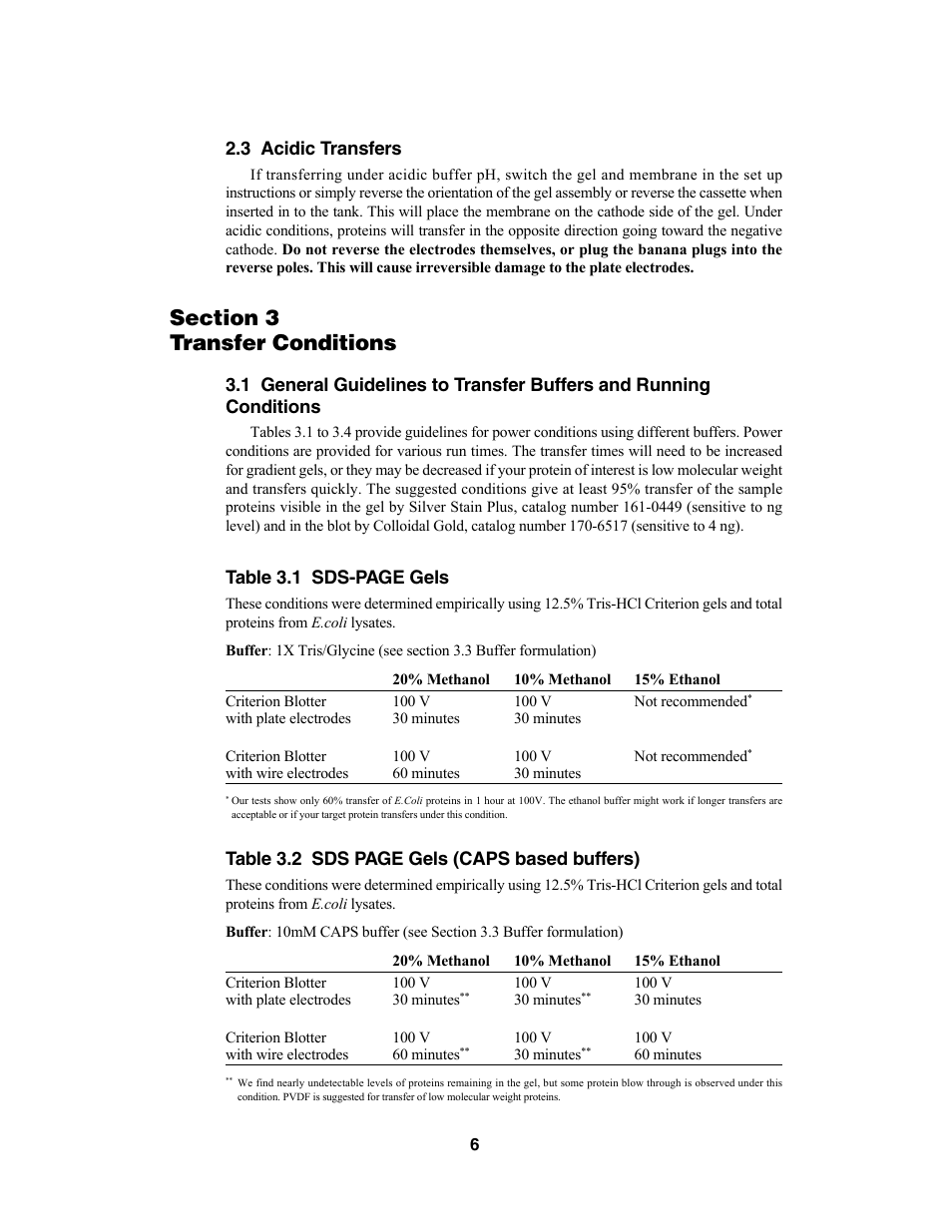 3 acidic transfers, Table 3.1 sds-page gels, Table 3.2 sds page gels (caps based buffers) | Bio-Rad Criterion™ Blotter User Manual | Page 8 / 22