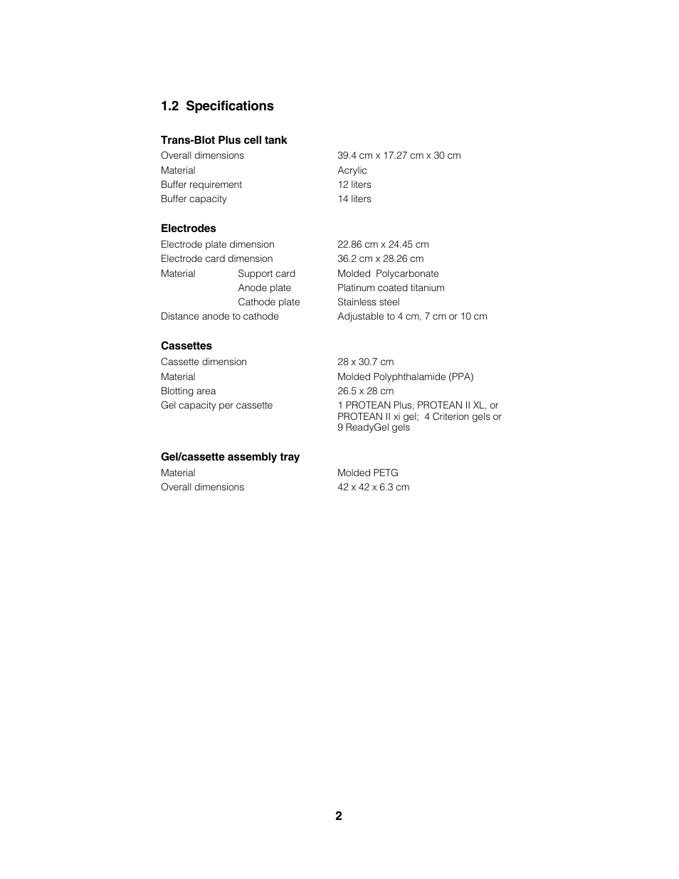 2 specifications | Bio-Rad Trans-Blot® Plus Cell User Manual | Page 4 / 34