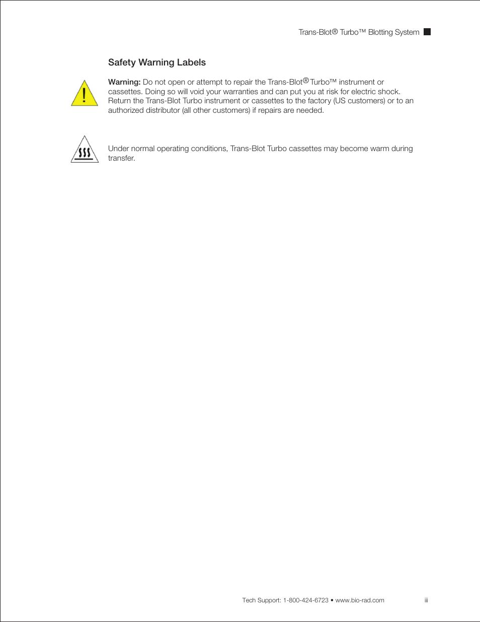 Safety warning labels | Bio-Rad Trans-Blot® Turbo™ Transfer System User Manual | Page 5 / 40