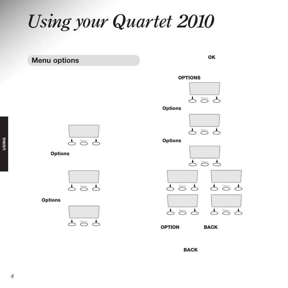 Using your quartet 2010, Menu options | Black Box 2010 User Manual | Page 10 / 43