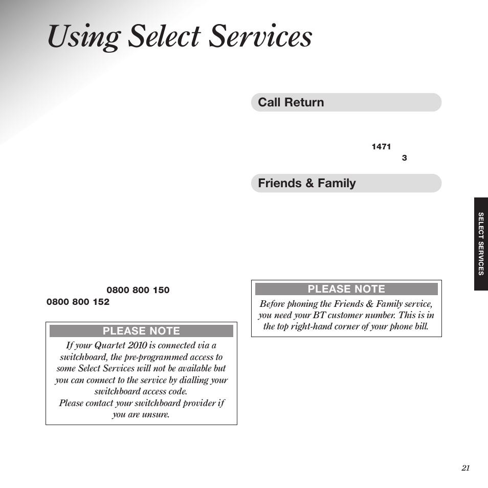 Using select services, Call return, Friends & family | Black Box 2010 User Manual | Page 23 / 43