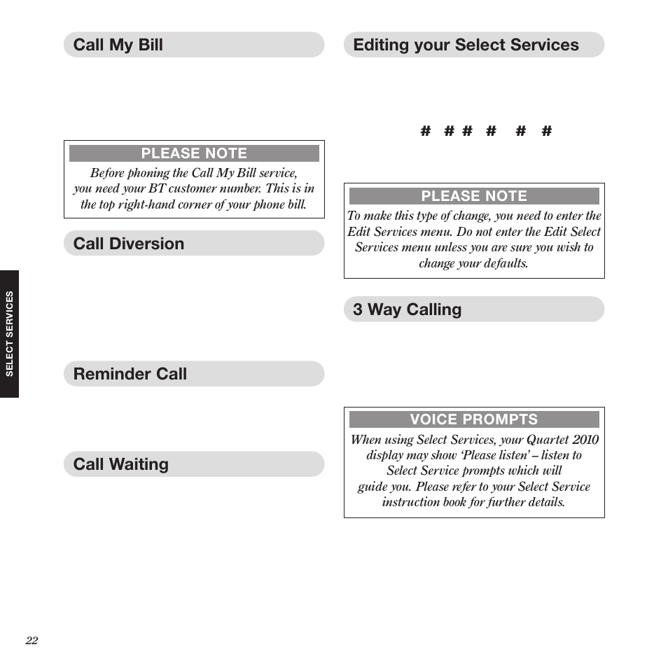 Editing your select services, 3 way calling, Call my bill | Call diversion, Reminder call, Call waiting | Black Box 2010 User Manual | Page 24 / 43
