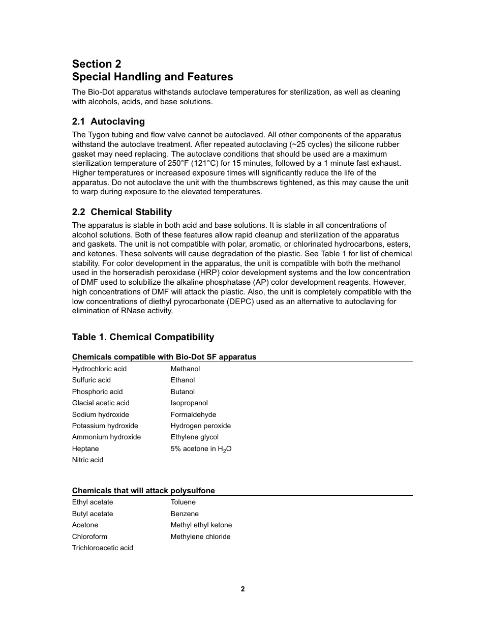 1 autoclaving, 2 chemical stability, Table 1. chemical compatibility | Bio-Rad Bio-Dot® and Bio-Dot SF Microfiltration Apparatus User Manual | Page 6 / 32