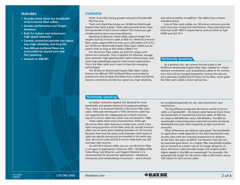 2 of 4, Features, Overview | Black Box Duplex Fiber Optic Cable User Manual | Page 2 / 4