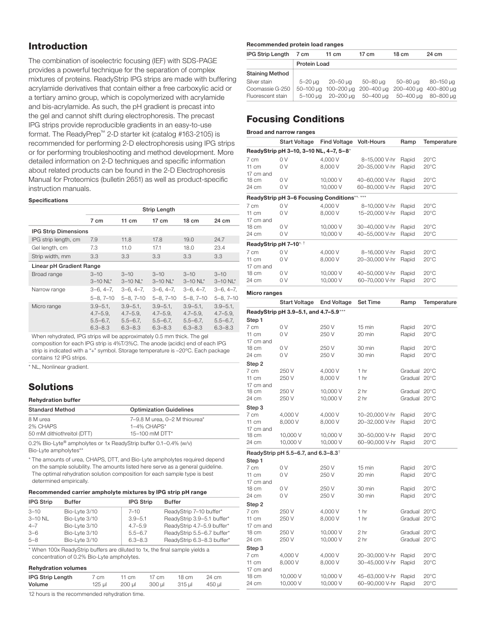 Introduction, Solutions, Focusing conditions | Bio-Rad PROTEAN® IEF Cell Accessories User Manual | Page 2 / 4