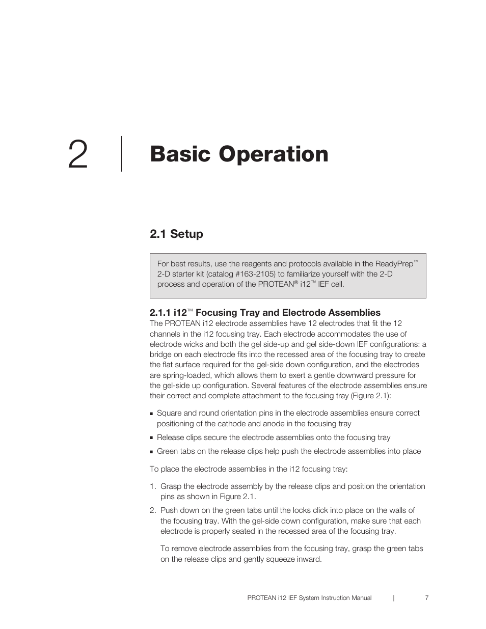 Chapter 2 basic operation, 1 setup, 1 i12™ focusing tray and electrode assemblies | R 2 basic operation, 1 i12, Focusing tray and electrode assemblies 7, Basic operation | Bio-Rad PROTEAN® i12™ IEF System User Manual | Page 11 / 60