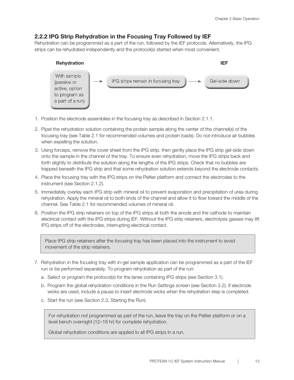 2 ipg strip rehydration in the focusing tray, Followed by ief, E section 2.2.2. r | Bio-Rad PROTEAN® i12™ IEF System User Manual | Page 17 / 60