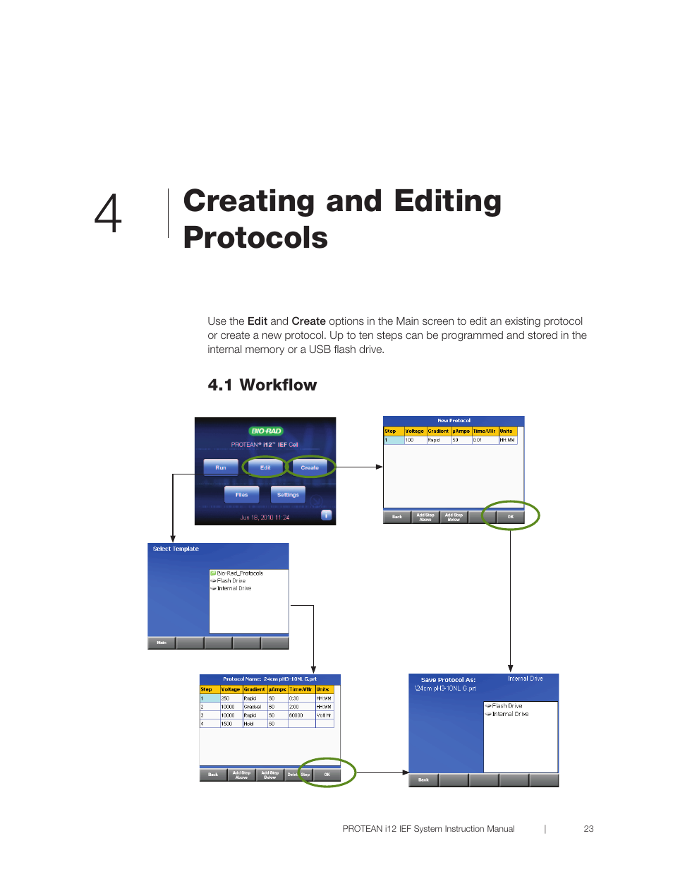 Chapter 4 creating and editing protocols, 1 workflow, R 4 creating and editing protocols | Edit an existing protocol (chapter 4), Creating and editing protocols | Bio-Rad PROTEAN® i12™ IEF System User Manual | Page 27 / 60