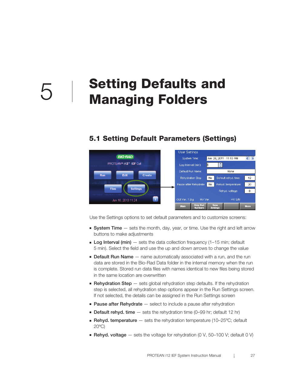 Chapter 5 setting defaults and managing folders, 1 setting default parameters (settings), R 5 setting defaults and managing folders 27 | Setting defaults and managing folders | Bio-Rad PROTEAN® i12™ IEF System User Manual | Page 31 / 60