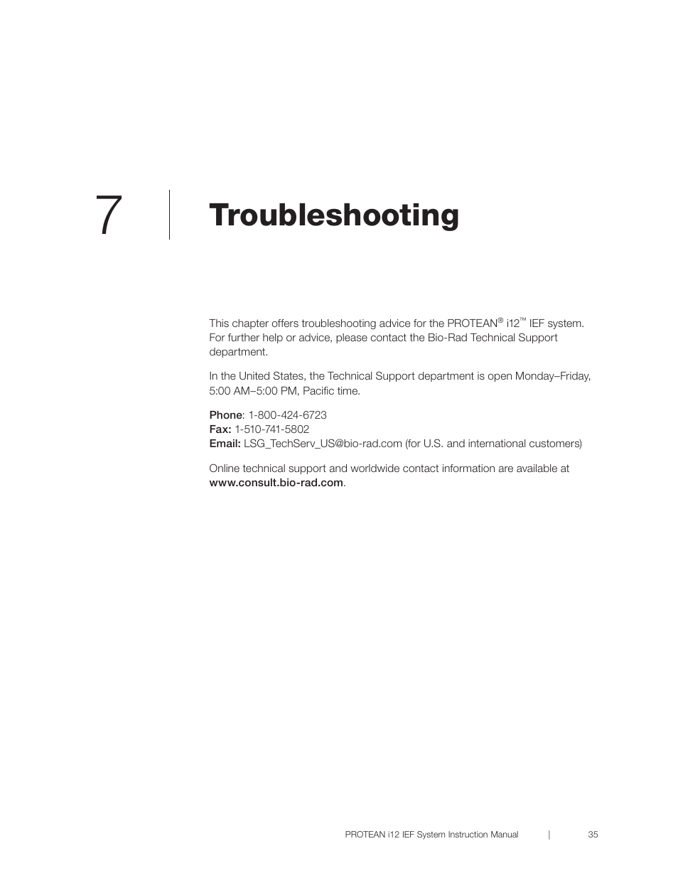 Chapter 7 troubleshooting, Troubleshooting | Bio-Rad PROTEAN® i12™ IEF System User Manual | Page 39 / 60